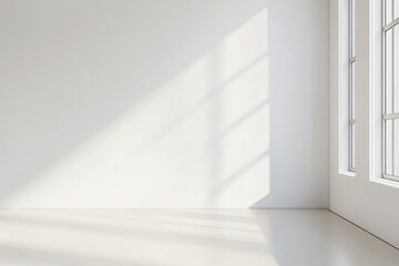 Bright room corner with window and sunlight creating shadows on the wall.