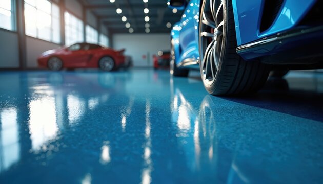 Blue epoxy resin floor in garage reflects light, creating glossy shine. Clean, orderly space with parked vehicles, illuminated lighting. Automotive theme with sharp detail, urban setting, clear