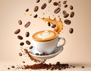 Dynamic coffee beans falling into perfect latte cup