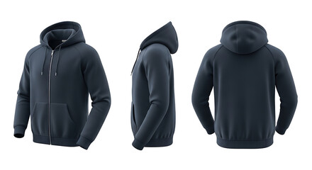 Dark Blue Full Zipper Hoodie Mockup Template: Front, Side and Back Views