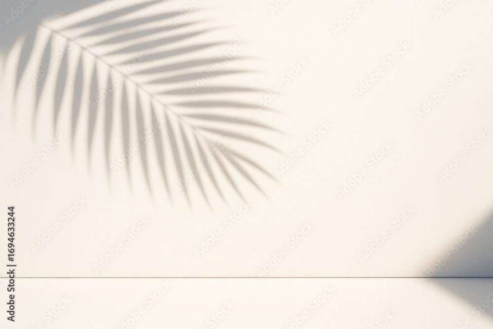 Poster minimalist beige background with soft palm leaf shadow on wall and floor, natural light effect and e