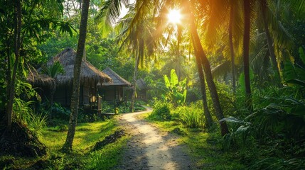 A path leading through a lush, green jungle with palm trees and a small hut in the distance.