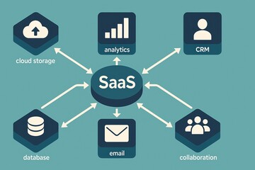 Software as a Service SaaS illustration with cloud, analytics, CRM, and tools