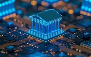Digital bank building glowing on futuristic circuit board symbolizing financial technology