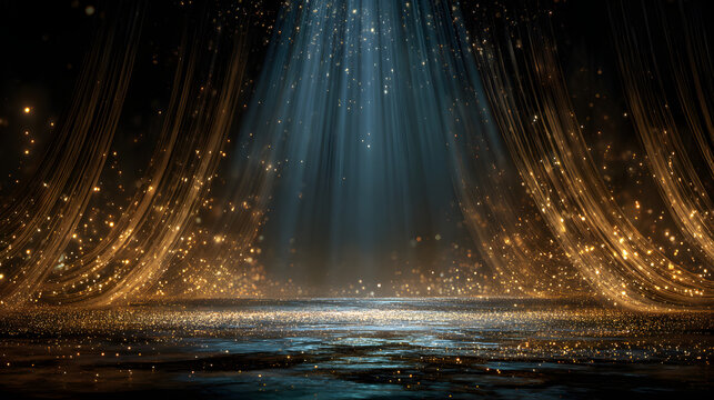 Stage opening golden stage glitter with spotlights ad luxury gold light streak Particle luxury for ceremny background