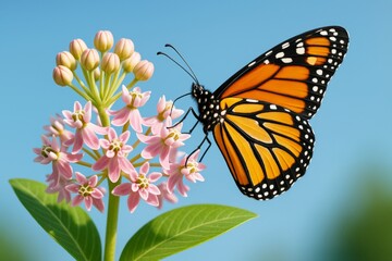 Obraz premium Monarch butterfly perched on blooming pink milkweed flowers with green leaves against a bright blue background in natural light focus. Ai generative
