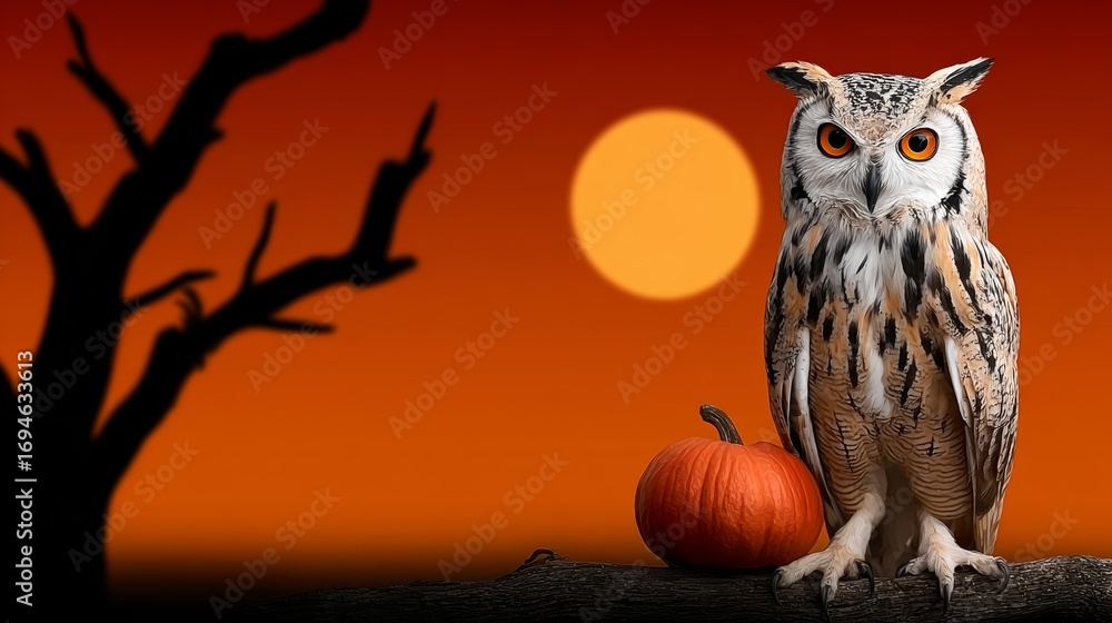 Poster a large owl is standing on a log next to a pumpkin. the scene is set against a backdrop of a dark sk