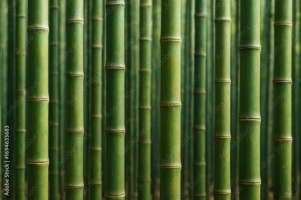 Poster dense bamboo forest with vertical green stalks creating a natural textured pattern in soft light, pe