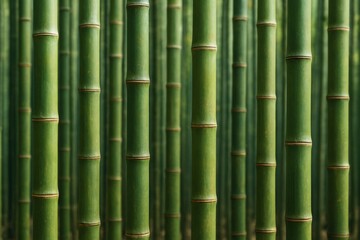 Obraz premium Dense bamboo forest with vertical green stalks creating a natural textured pattern in soft light, perfect for eco-friendly abstract background use. Ai generative