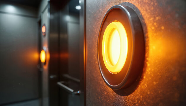 Close-up of warm illuminated elevator button panel with glowing orange light. Textured metallic walls and steel doors reflect modern interior design. Technology for vertical building transport.