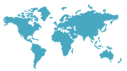 Map of the world constructed of blue dots, isolated on transparent background. Silhouette of a world map, ideal for background designs and infographic elements. 3D illustration