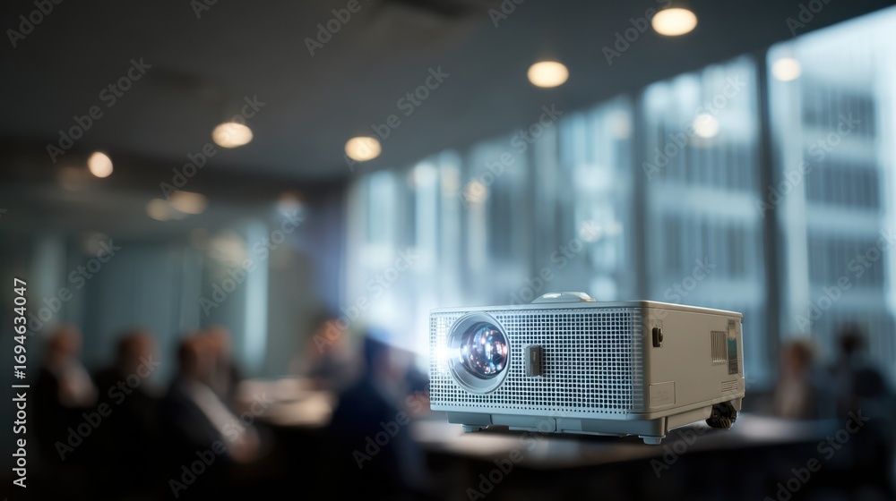 Aufkleber dynamic medium shot of a modern office projector in sharp focus projecting onto a blurred conference