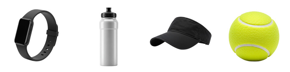 Tennis ball sports bottle visor cap and fitness tracker isolated
