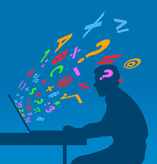 A student at his computer as information shoot out at his brain from the laptop screen in a 3-d illustration about learning.