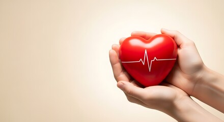 Fototapeta premium Hands holding a red heart with a white electrocardiogram line, isolated on a light beige background, representing health