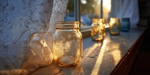 Minimalistic home interior scene with sterilized glass jars on windowsill, sunset light, lace curtain, and colorful jars evoking cozy domestic atmosphere