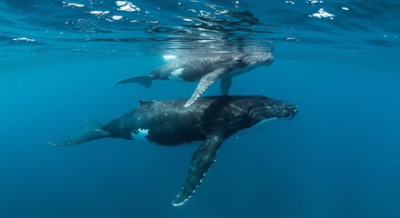 Humpback whale and calf swimming underwater