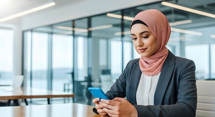 Woman in hijab using smartphone in modern office setting