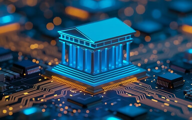 Futuristic digital bank building glowing with blue light on a circuit board