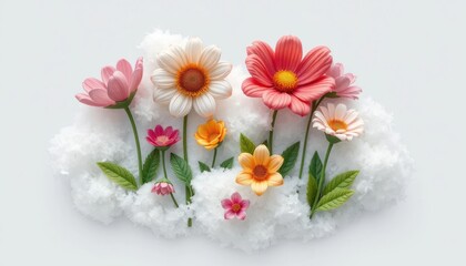Colorful floral arrangement with soft cotton clouds