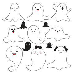 A set of cute little ghost cartoons for Halloween
