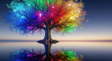 Vibrant, rainbow-leafed tree reflecting in calm water under a serene sky
