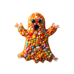 Colorful candies are forming the shape of Halloween ghost wrapped with plastic