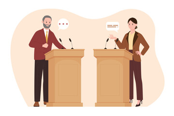 Political debates between two politicians and leaders at podiums vector illustration. Cartoon man and woman stand at tribunes on public meeting, candidates talk arguments in polemic conversation