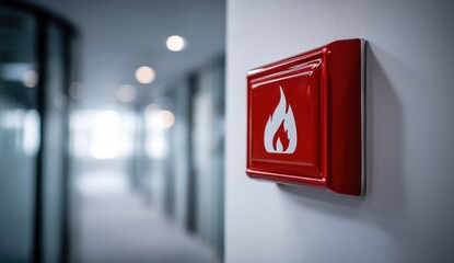Red fire alarm box on wall in office hallway