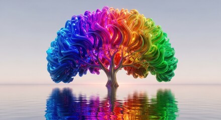 Vivid, rainbow-colored brain-shaped tree reflects on calm water under pastel sky