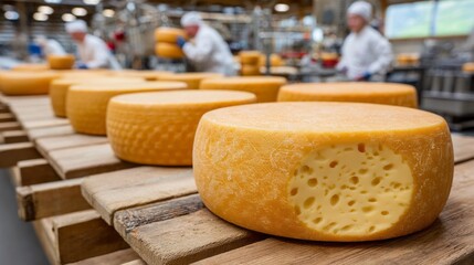 Cheese production process in a facility with workers handling large wheels of cheese during daytime production hours