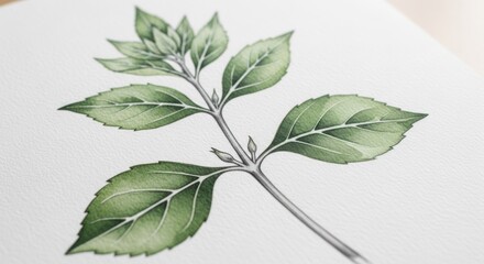 Watercolor plant illustration, bright, leafy, gray stem on textured paper
