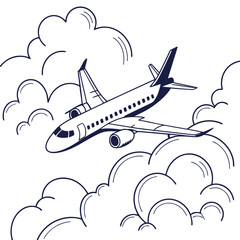 Naklejka premium A stylized line art illustration of a modern passenger jet airplane soaring through fluffy white clouds in a clear sky