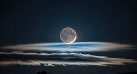 Waxing crescent moon above dark clouds with a faint glow in the night