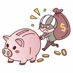 Cartoon thief wearing a mask and carrying a money bag steals from a piggy bank with coins falling out