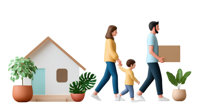 Moving Day: A cartoon family carries a moving box towards their new home, embodying the joyous journey of life's fresh beginnings.