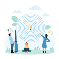Logic quest, business challenge vector illustration. Cartoon tiny people with pen and laptop think about shortcut to light bulb in maze, characters solve complicated problem, find success solution