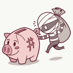 Fototapeta premium Cute cartoon thief wearing a mask and striped clothes stealing money from a happy piggy bank