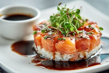 Plate of salmon dish with sauce