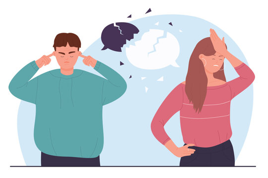 Misunderstanding in couple vector illustration. Cartoon angry man and woman misunderstand arguments, cracks in speech bubbles over spouses, relationship crisis and breakup of unhappy husband and wife