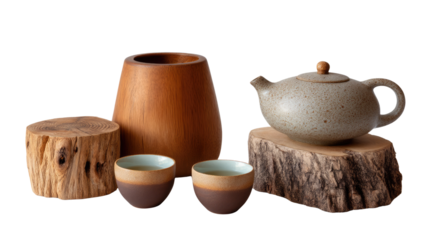 Tea Ceremony Still Life: A serene studio composition of rustic wooden elements, showcasing a stoneware teapot, teacups, and an interesting wooden cylinder, all arranged in a zen-like still life.