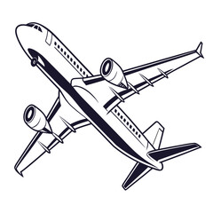 Modern jet airplane flying upwards viewed from below in a simple graphic illustration style