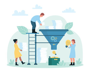 Office paperwork, generator and conversion of creative ideas vector illustration. Cartoon tiny people control funnel with engine, carry of paper documents, data information to light bulb filter