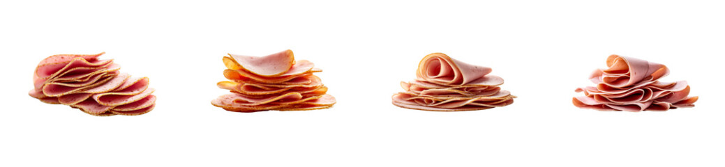 Four stacks of sliced cured meat on a transparent background, cut out