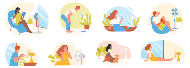 People cool off at fan in heat set vector illustration. Cartoon isolated hot summer scenes with woman and man, girl and boy cooling at electric ventilator blowing, sitting on home floor or chair