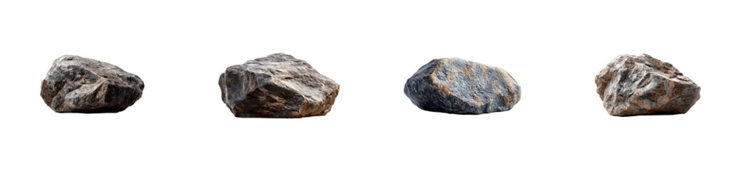 Collection of four textured rocks on a transparent background, cut out