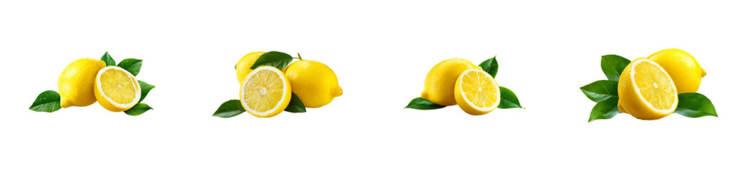 Group of four fresh yellow lemons with green leaves on transparent background, cut out