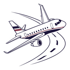 Modern passenger jet airplane soaring gracefully above a stylized winding road with a clean outline design