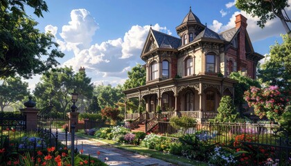 Obraz premium A picturesque, sun-drenched scene of a historic Victorian home, meticulously detailed with lush greenery and colorful gardens.