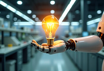 A sleek robotic arm gently holding a glowing light bulb, symbolizing AI and innovation, in a bright, clean laboratory setting